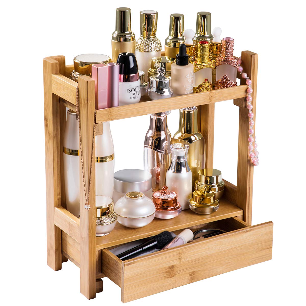 PELYN Bamboo Cosmetic Organizer Bathroom Storage Countertop Shelf 2-Tier Vanity Rack Stand Holder with Drawer for Kitchen Tabletop Toilet Desktop Bath Sink Dresser 12.7 x 6.5 x 14.6 Inches, Natural