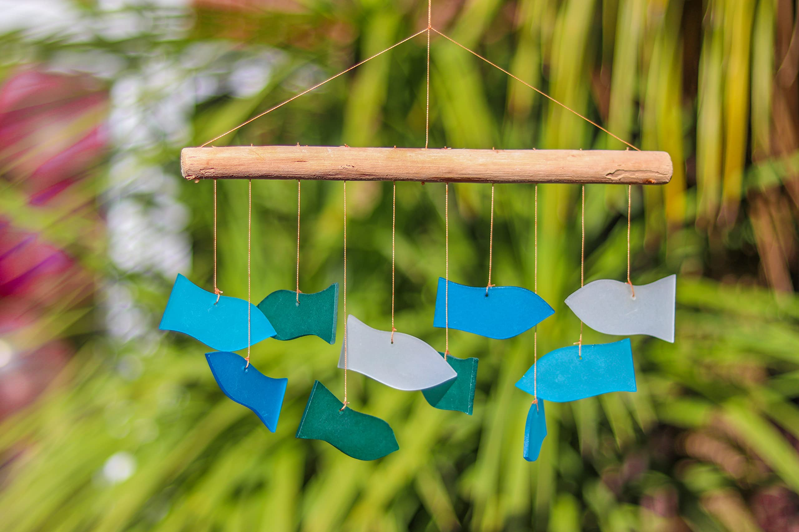 My Family House Glass Wind Chime - Swimming Fish in Blueish - 100% Fair Trade - Handmade from Recycled Materials