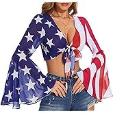 V Neck Bell Sleeve Tops for Women Tie Front Long Sleeve Blouse Sheer Mesh Crop Rave Top