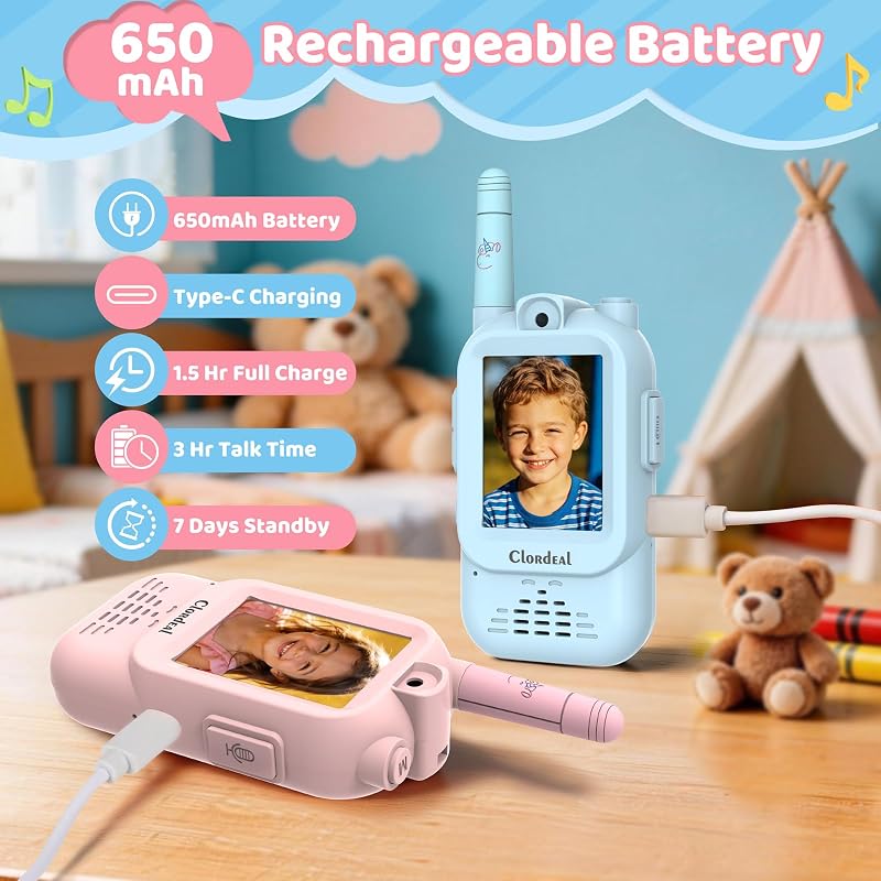 Vidéo Talkie Walkie Enfant Longue Portée Rechargeable, Cadeau Garçon et Fille 3-12 Ans, Écran LCD 2", Appel Vidéo, 6 Effets Vocaux, Appareil Photo, 23 Émoticônes, Bleu et Rose, Pack de 2