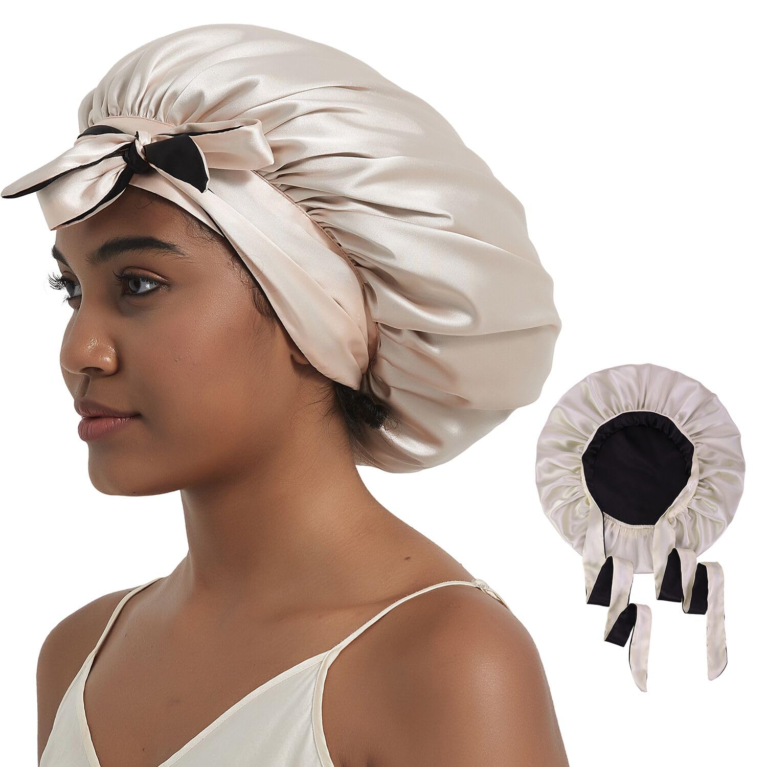 Hat Hut Satin Bonnet for Sleeping Cap for Curly Hair - Double Layer Reversible with Tie Band (Champagne/Black) — image 1