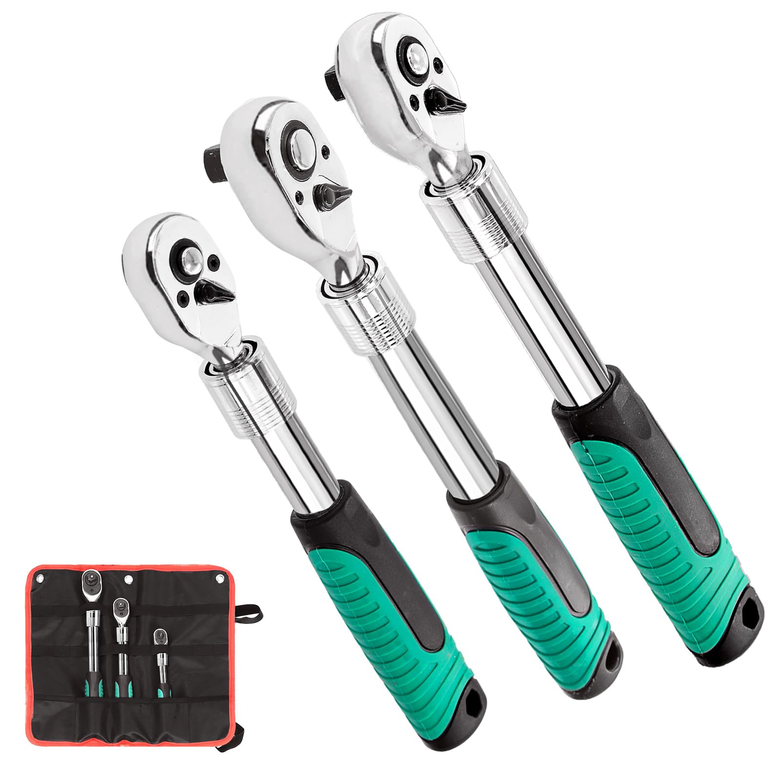 Tanstic 3Pcs Extendable Ratchet Set, 1/4" 3/8" 1/2" Drive 72 Tooth Ratchet Wrench, Retractable Socket Wrench Quick-Release Reversible Gear Ratchet Spanner with Storage Bag