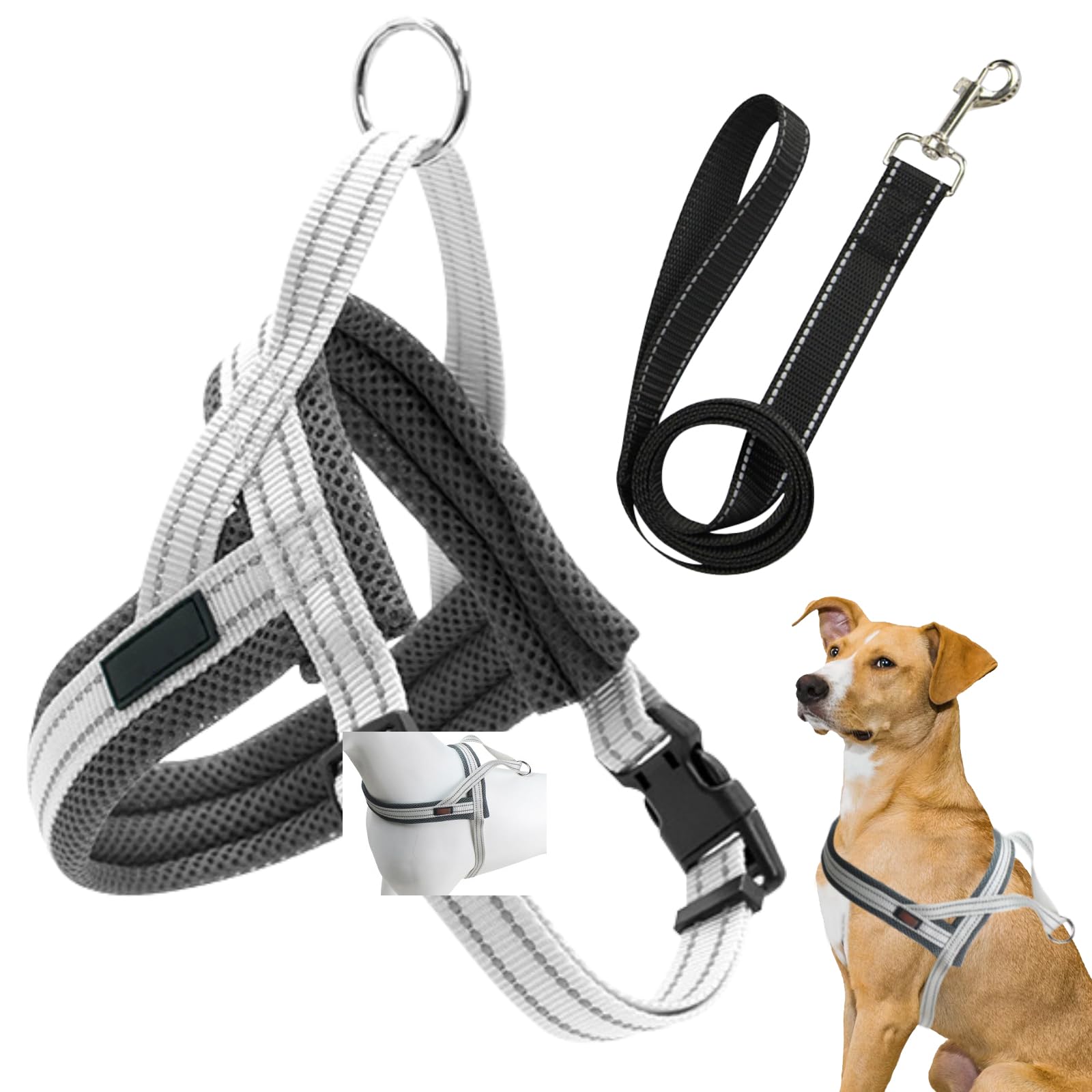 DKDDSSS No Pull Dog Harness, Breathable Adjustable Mesh Pet Harness, Reflective Escape Proof, Includes 1.5m Leash (M, Grey)