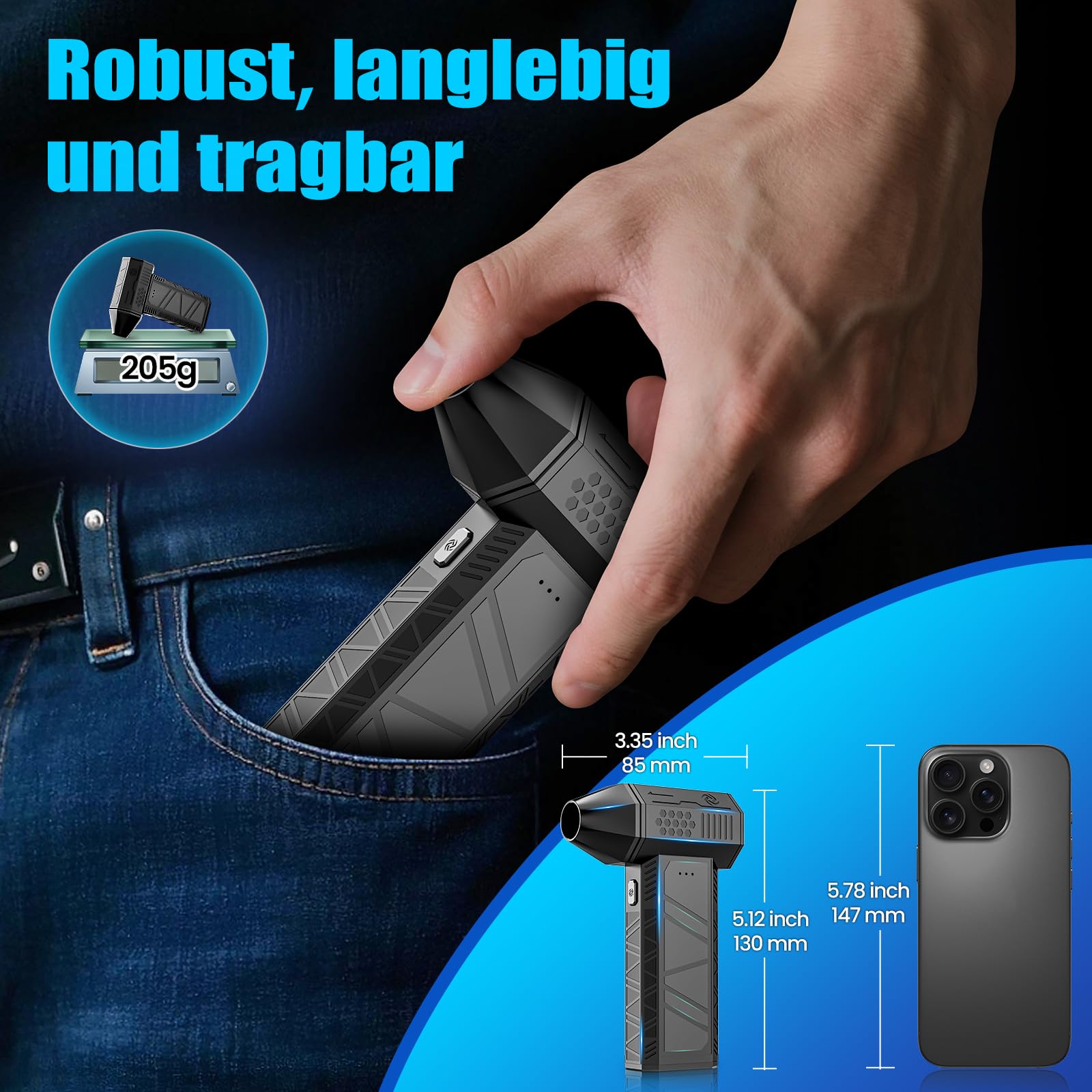 Electric Air Duster,130000RPM Elektrische Staubgebläse Druckluftspray, 3-Gang Mini-Elektrische Staubgebläse, Super Power Turbo Gebläse für Computer, Tastatur, Haus, Outdoor und Auto 4
