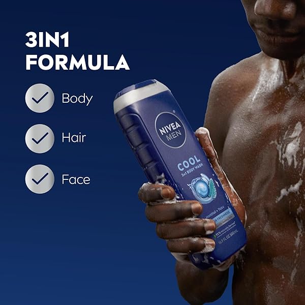 NIVEA MEN COOL BODY WASH, ICY MENTHOL AND YUZU SCENT, 3-IN-1 MEN’S BODY WASH, FACE AND HAIR, PARABEN FREE, PH-SKIN FRIENDLY, 16.9 FL OZ BOTTLE
