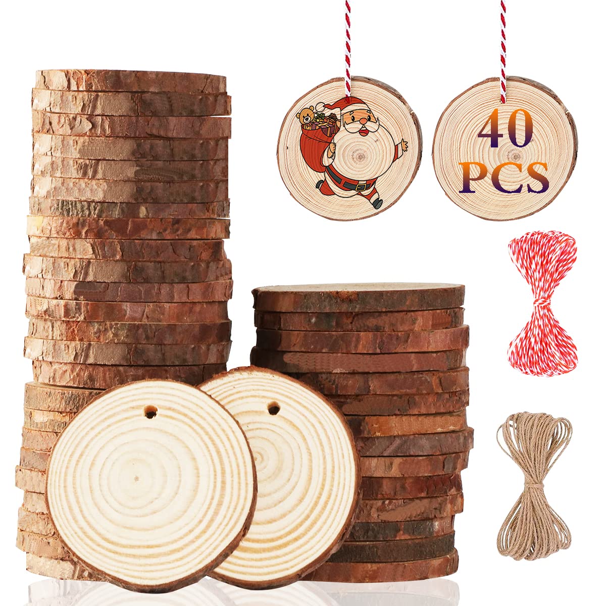 Ywlake Natural Wood Slices 40pcs 5-6cm Unfinished DIY Crafts Pre-drilled with Hole Round Wooden Circles for Painting Arts Rustic Wood Slices Christmas Ornaments Decor