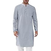 Runcati Mens Kaftan Thobe Textured Henley Shirt Long Sleeve Robe Casual Muslim Gown Shirt