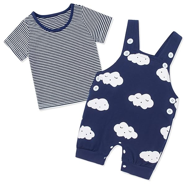 KIMODA BABY BOY CLOTHES OUTFITS SET 12-18 MONTHS SUMMER COTTON BABY BOY FIRST BIRTHDAY OUTFITS 2PCS SET STRIPED T-SHIRT AND CLOUDS DUNGAREES, BLUE3