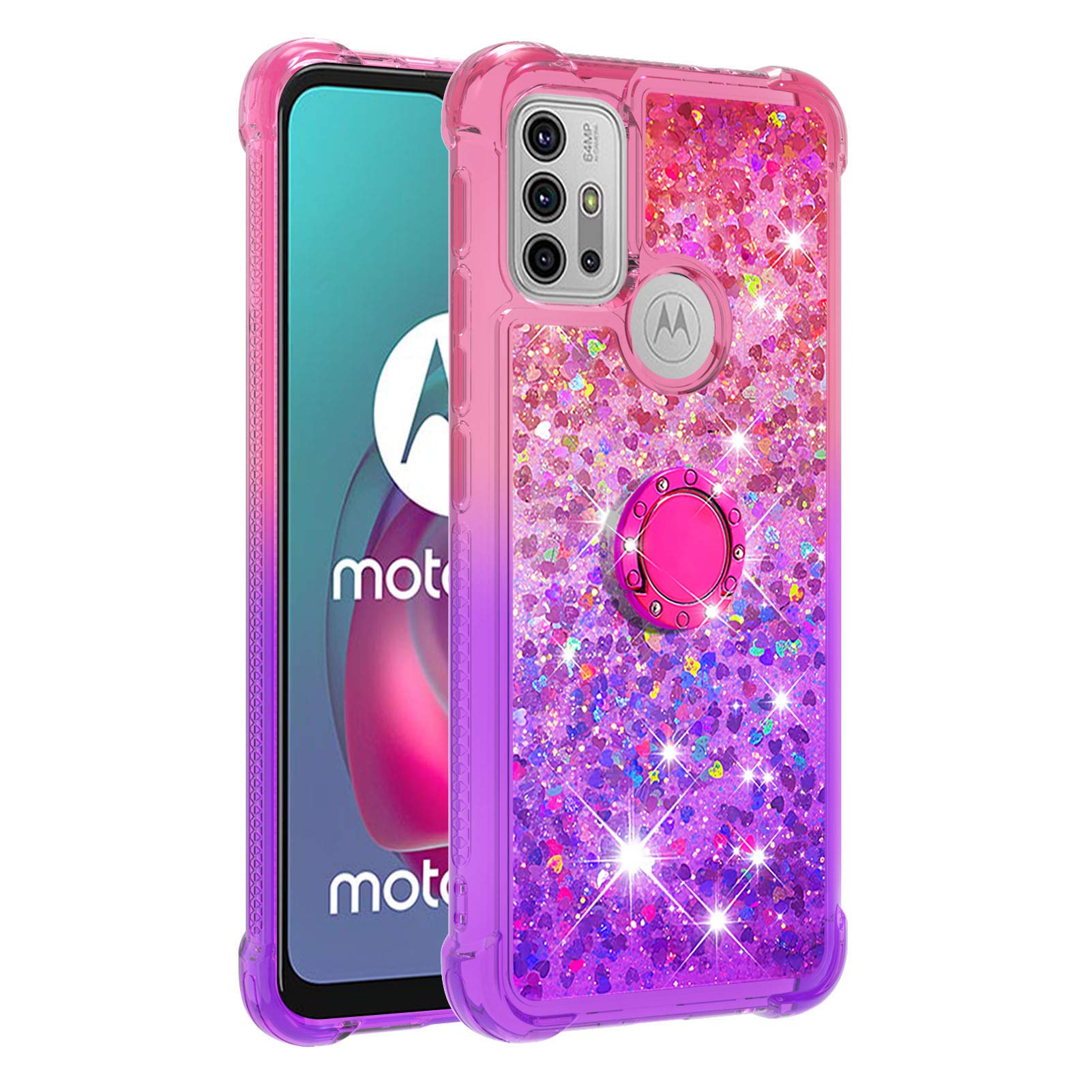 Motorola Moto G30/Moto G10 Case with Ring Buckle Stand, ShockProof Silicone Gradient Two-Tone Glitter Quicksand Floating Liquid Soft TPU Protective Phone Case for Moto G30/Moto G10, Pink & Purple