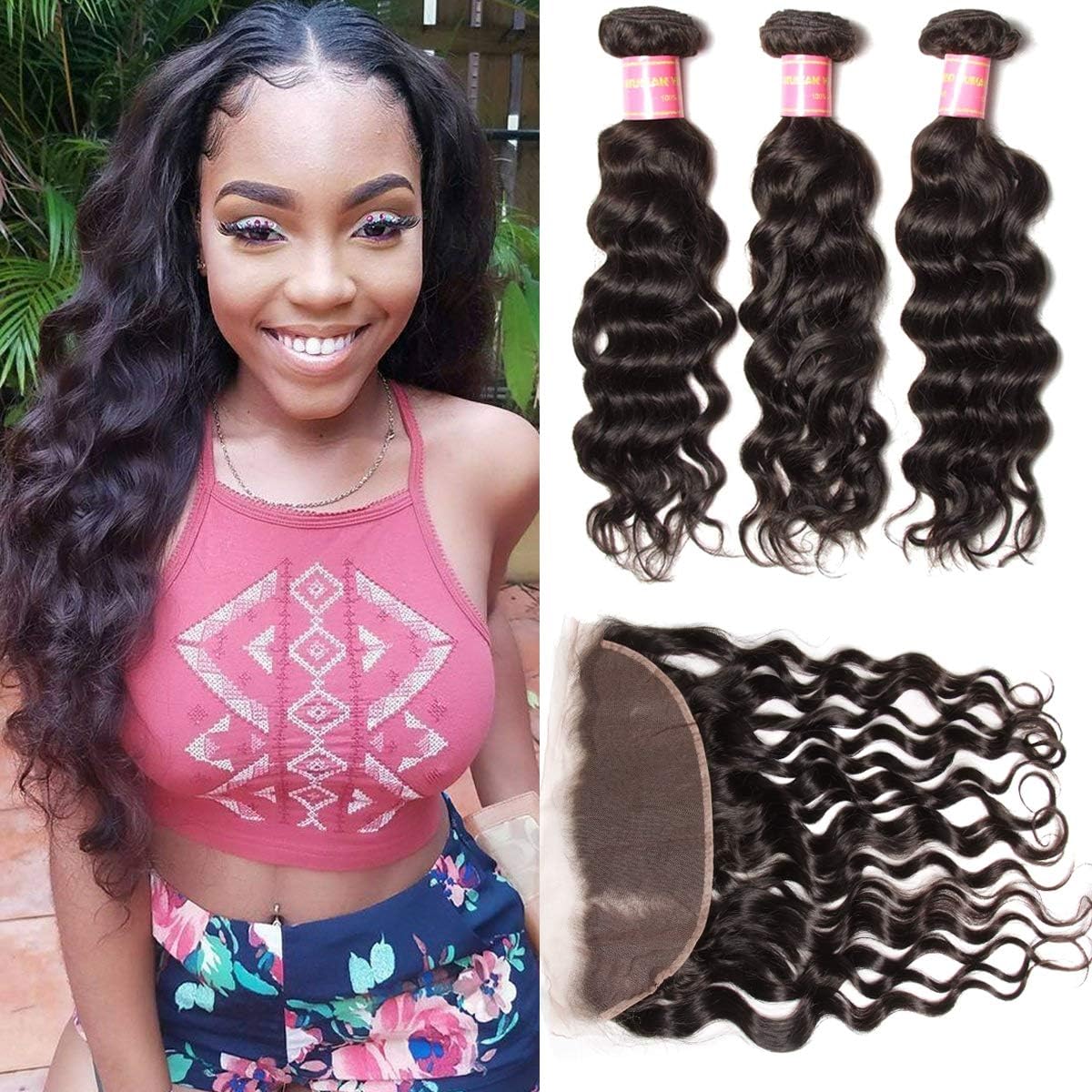 YIROO 9A Brazilian Natural Wave 3 Bundles with 13"x4"Lace Frontal Free Part 100% Virgin Human Hair Natural Color (10 12 14+10"Frontal)