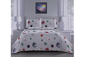OLIVEN 3 Piece Space Quilt Summer Bedspreads Twin Size Kids Planet Bed Cover Lightweight Coverlet Set Blanket Universe Bedding-Gray White