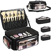 Bagmoly Large Makeup Case Cosmetic Organizer Box Brush Holder, Travel Makeup Train Case with 3 Clear Bags, Professional Makeup Artist Bag Cosmetic Case with Adjustable Dividers and Shoulder Strap