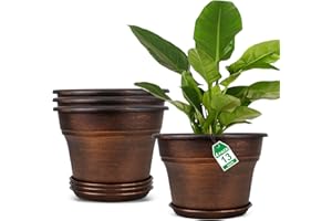 FODETYFF Plant Planters Pots Set of 4 Pack 13 Inch，Large Plastic Flower Pot for Indoor Plants with Drainage Holes & Trays, Resin Decorative Container Sets with Saucer for House Outdoor Garden Plant Copper