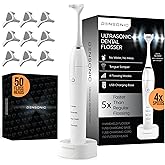 DENSONIC Electric Flosser Kit with Tongue Scraper | No Water, No Mess | Easy Gliding Dental Floss for Gentle Gum Care | Cordless Sonic Power | 50 Replaceable Heads [Glacier White]