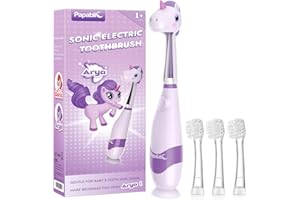 Papablic Toddler Sonic Electric Toothbrush Kids for Ages 1-3 Years, Baby Electric Toothbrush with Cute Unicorn Cover and Smart LED Timer, 4 Brush Heads (Arya)