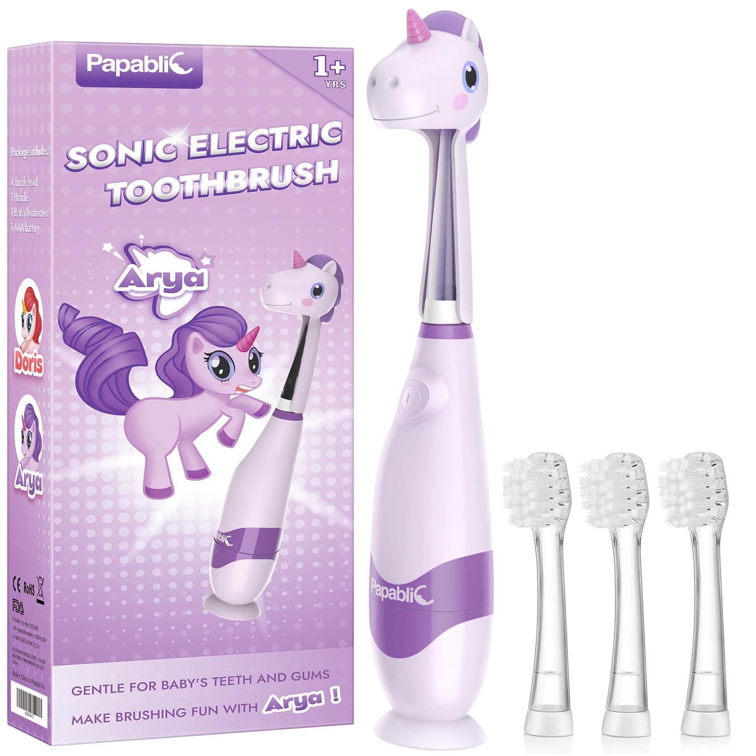 Photo 1 of Papablic Toddler Sonic Electric Toothbrush Kids for Ages 1-3 Years, Baby Electric Toothbrush with Cute Unicorn Cover and Smart LED Timer, 4 Brush Heads (Arya)