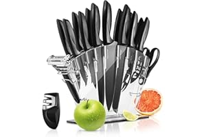 NutriChef 17-Piece Kitchen Knife Block Set - Stainless Steel Precision Crafted Knives w/Acrylic Block Stand - Includes 6 Stea