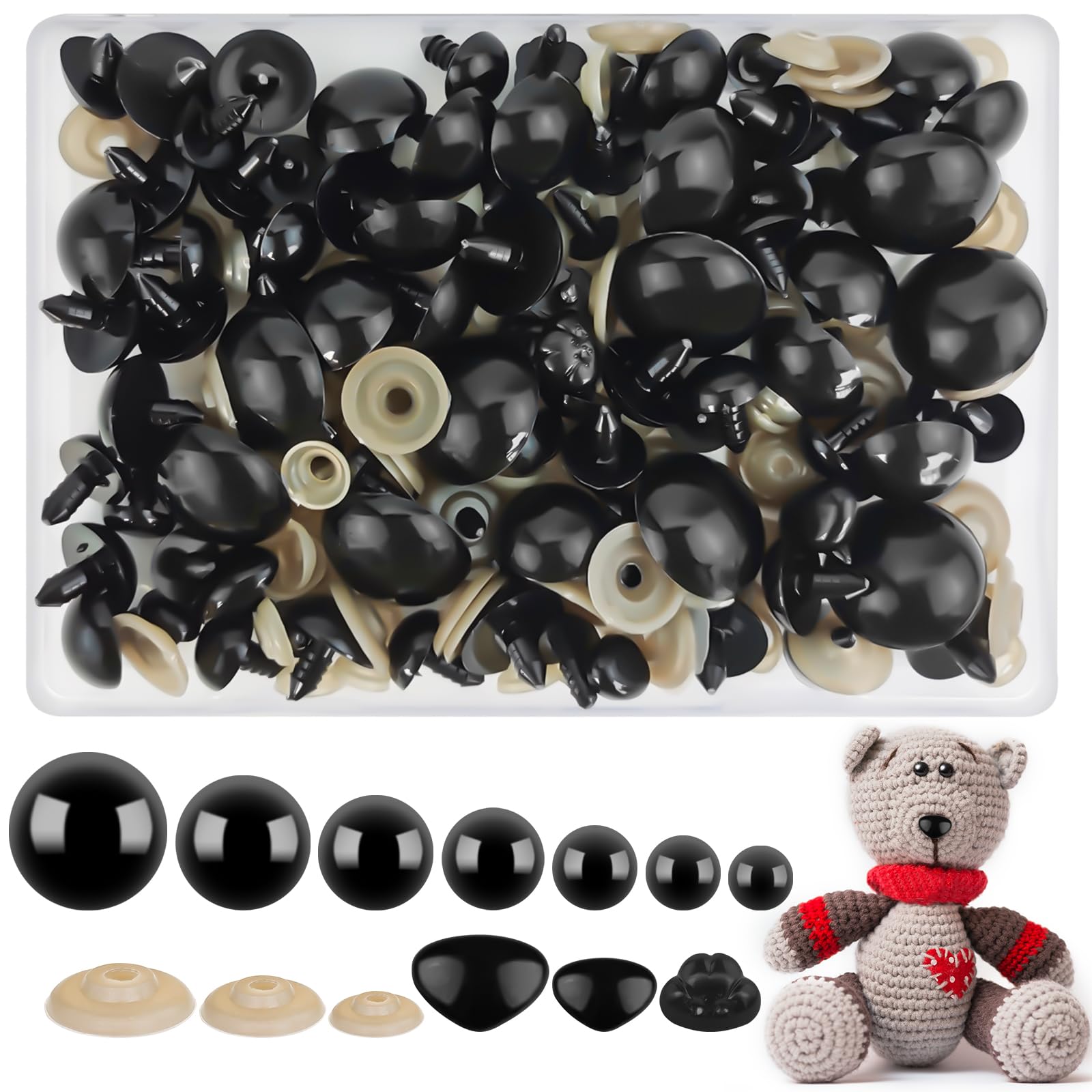 HavaCue 94 Pack 12-30mm Safety Eyes and Safety Noses Set, Large Safety Eyes for Crochet Toys, Black Plastic Button Sew-On Eyes with Washers for Doll Making