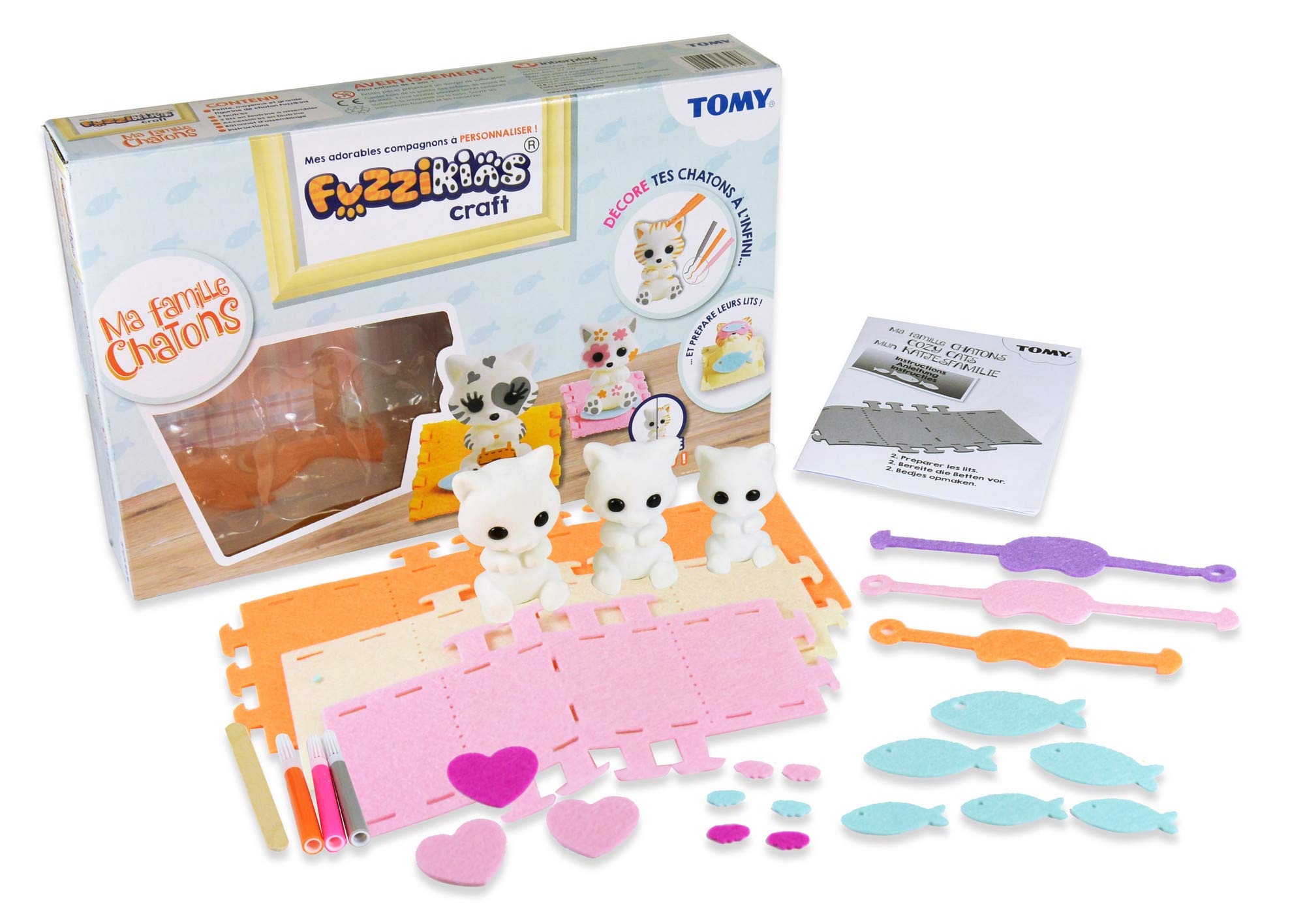 TOMY Fuzzikins Craft Cozy Cats / E72790 / 3 Washable Cats Craft Figures for Imaginative Painting and Gluing - with Colourful Accessories/Suitable for Children from 3 Years