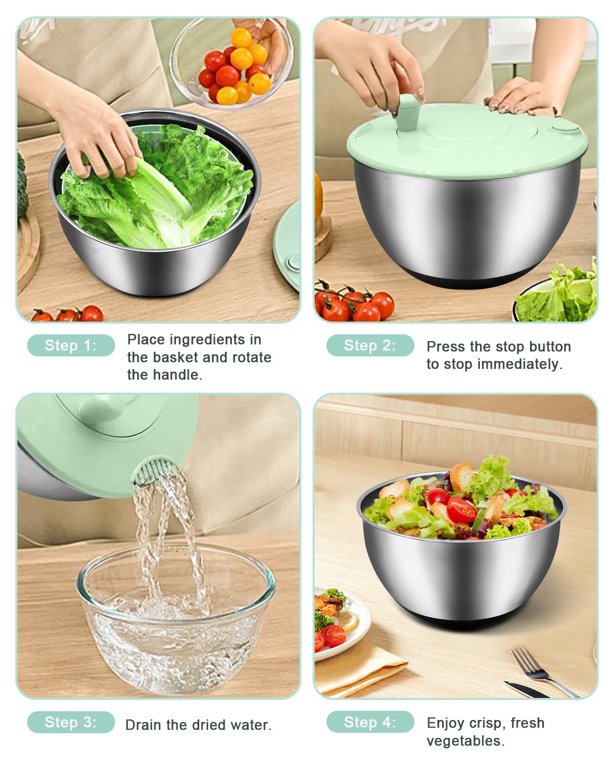 VVAKAM 5.3QT Salad Spinner Large,Stainless Steel Lettuce Spinner,Fruit Vegetables Wash Bowl with 5 Blade Slicer,Egg Yolk Strainer Slicer Shredder,Kitchen Colander for Salad Make and Food Washing
