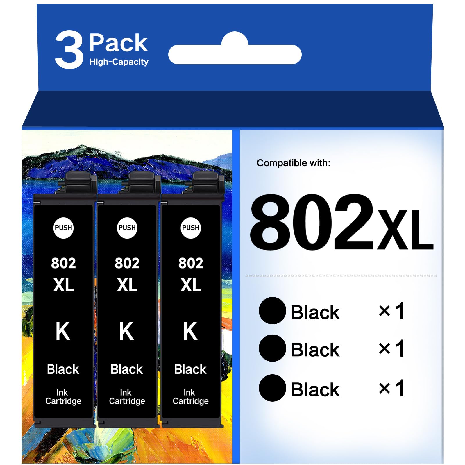 Photo 1 of 802XL Black Ink Cartridges Remanufactured for Epson 802XL Ink cartridges Combo Pack 802 XL T802 T802XL for Workforce Pro WF-4720 WF-4730 WF-4734 WF-4740 EC-4020 EC-4030 EC-4040 (3 Black, 3 Pack)