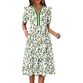 Wenrine Womens Summer Midi Dress Casual Floral Puff Short Sleeve V Neck Swing Flowy Boho Beach Dresses with Pockets