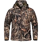 NAVEKULL Silent Hunting Clothes for Men Soft Shell Outdoor Hiking Jacket Camo Water Resistant Fleece Hooded Coat with Pockets