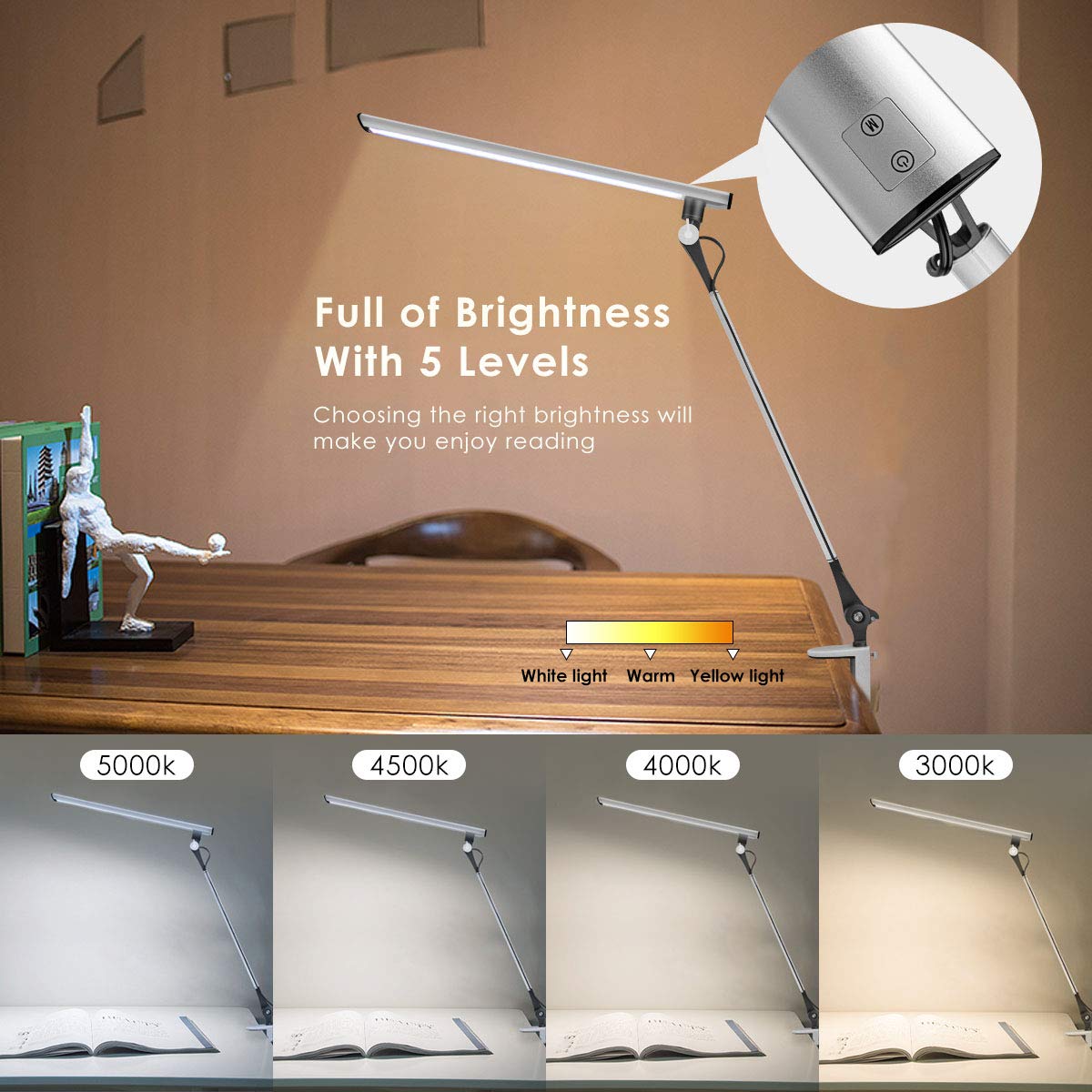 LED Desk Lamp, Joly Joy Dimmable Eye-Caring Swing Arm Lamps, 12W Full Metal Task Lamp with Clamp for Working Studying, 5 Color Modes, 5 Brightness Levels, Touch Control and Memory Function (Silver)