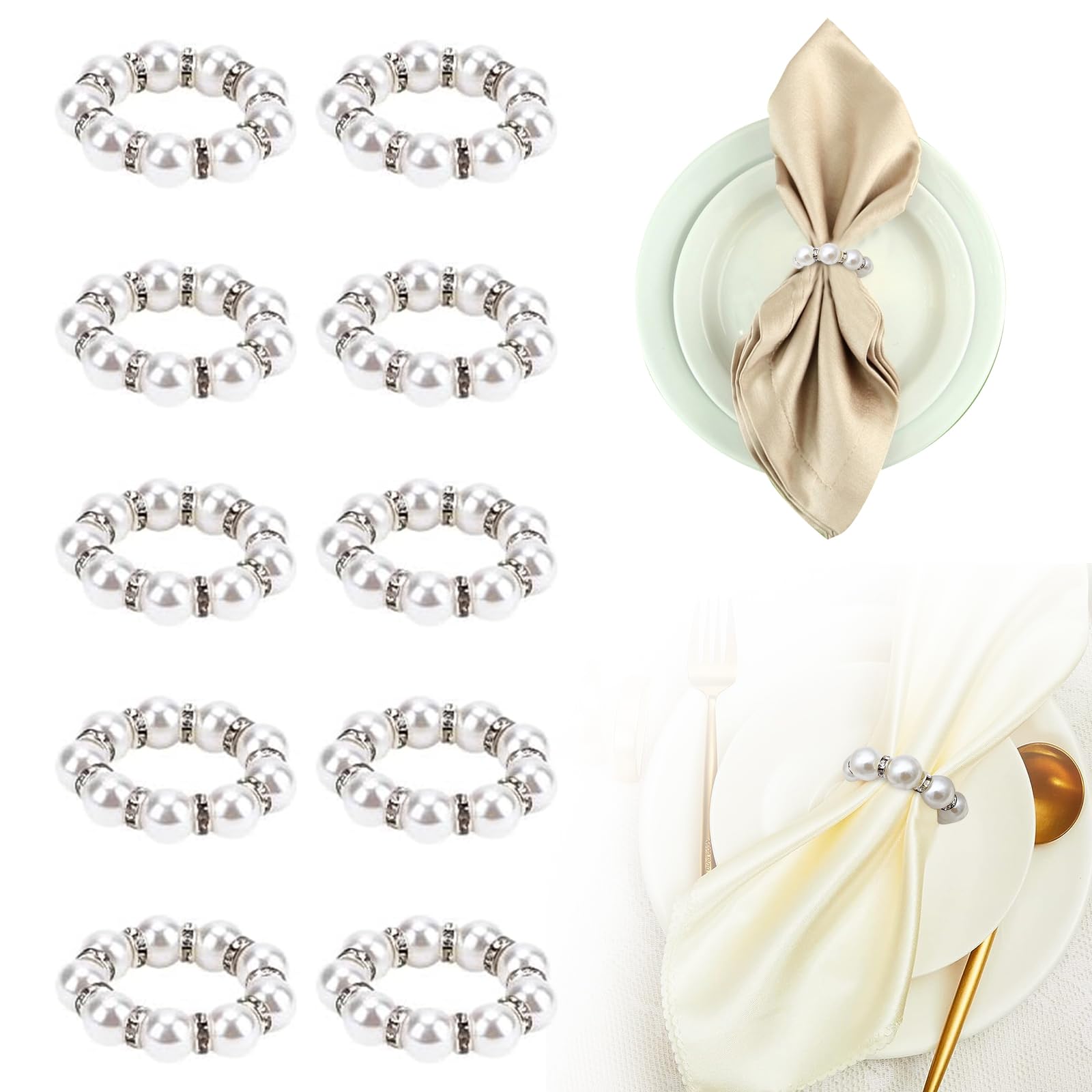 NCOALE Napkin Rings, 10 Pcs Pearl Napkin Ring Holders Serviette Rings Napkin Buckles Table Decor, Wedding Napkins Ring for Candlelight Dinner Anniversary Family Party Banquet, White