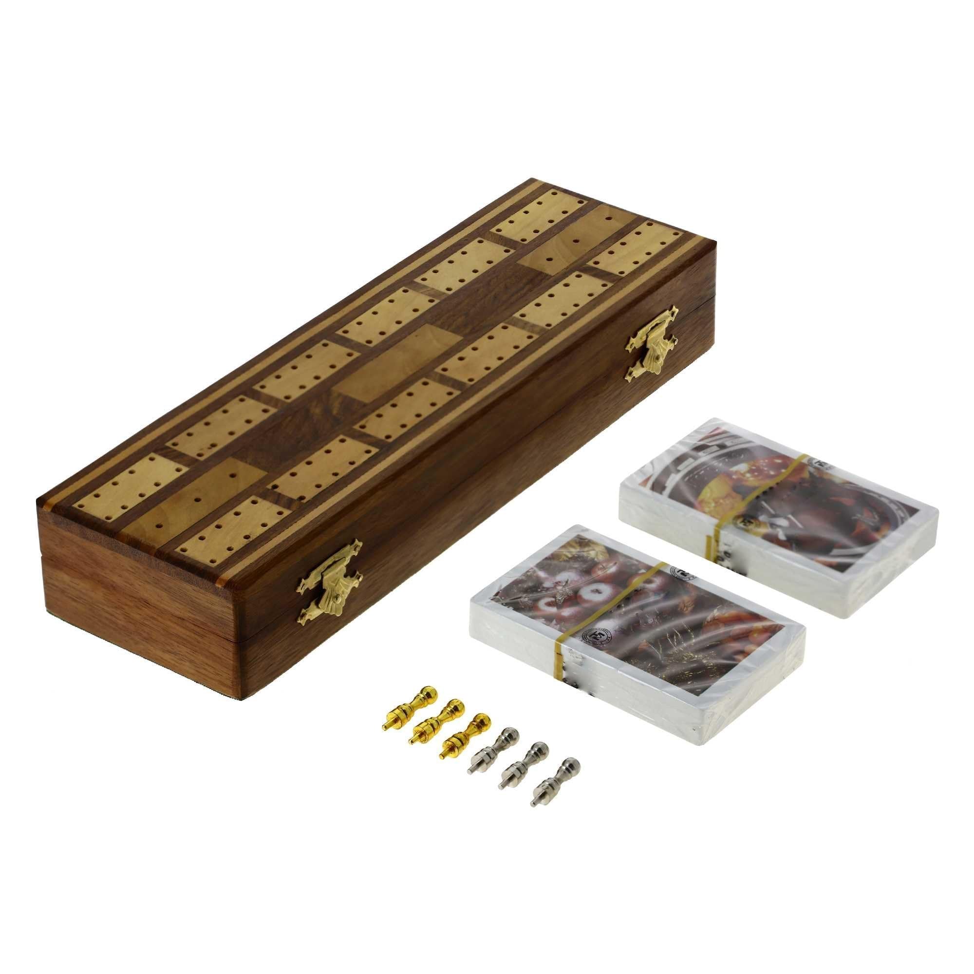 Ajuny Traditonal Wooden Cribbage Board Game with Metal Pegs and Playing Cards with Storage Area Tabletop Fun Travel Family Night Game Gifts