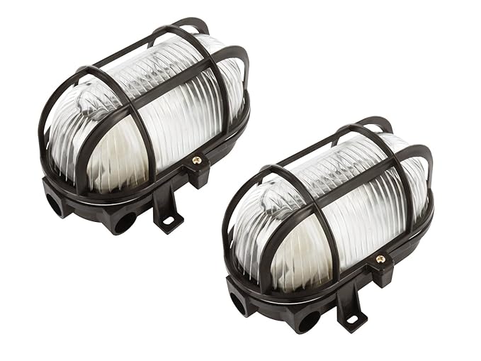 2er-Set Kellerleuchten Ovalleuchten schwarz, Schutzgitter, Wand