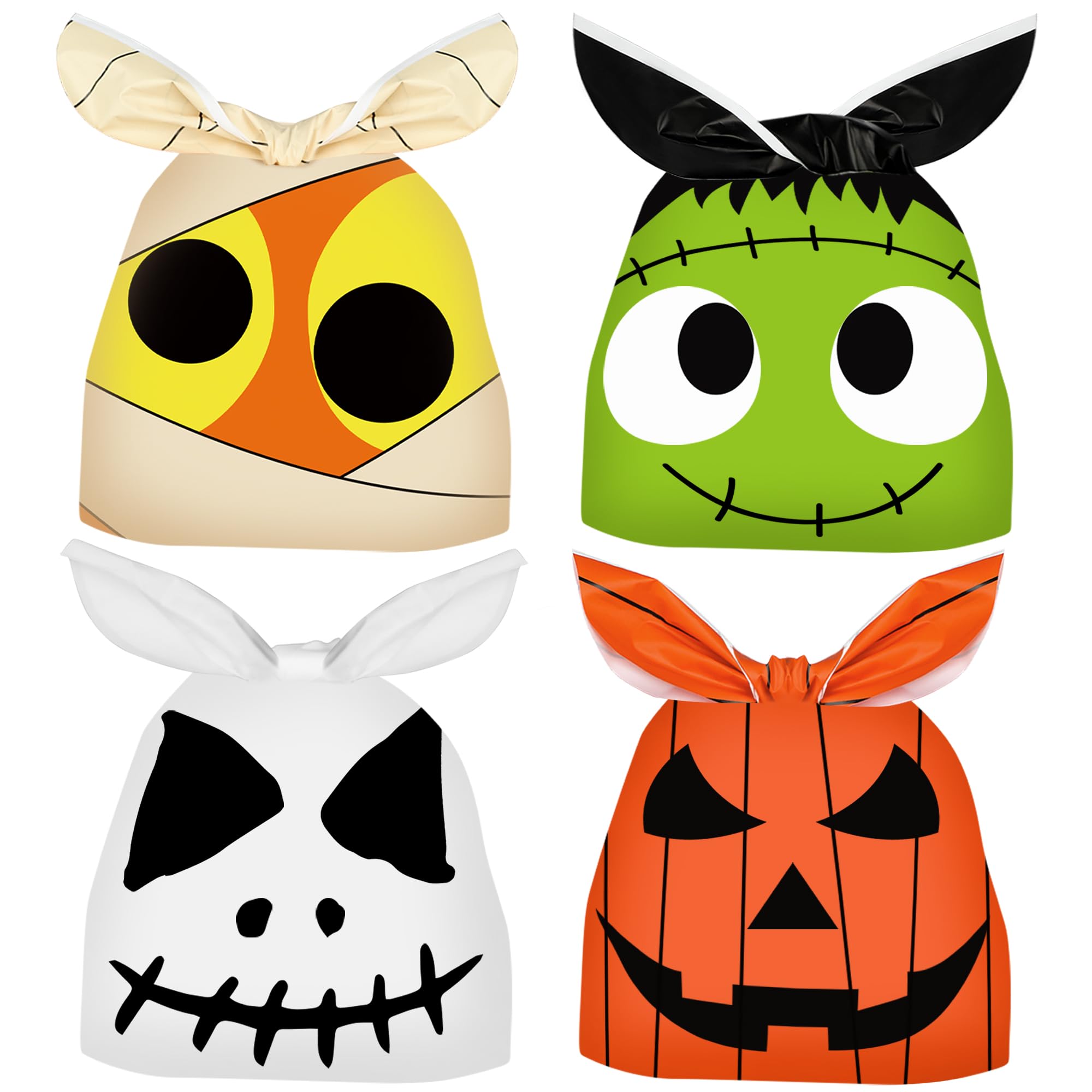 Photo 1 of 100 Pcs Halloween Treat Bags Rabbit Ear Candy Bags Trick or Treat Small Plastic Goodie Bag Halloween Party Favor Bags for Kids Party Favor Supplies, 4 Designs