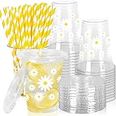 JarThenaAMCS 50Pcs Daisy Plastic Cups with Lids and Straws White Yellow Flower Clear Plastic Cups 12oz Disposable Cups for Birthday Wedding Spring Party Supplies