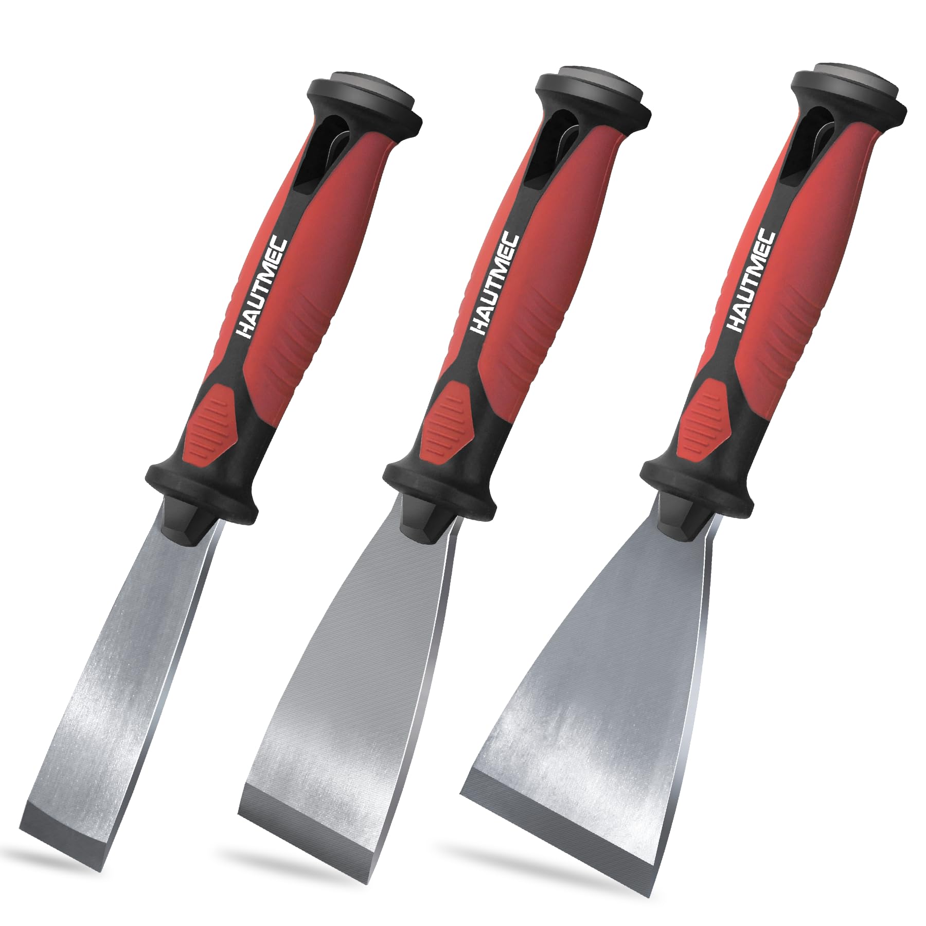 HAUTMEC Paint Scraper Set 3 Pcs, 1.25",2",3" Wallpaper Scraper Heavy Duty Stainless Steel Blade Putty Knife, Hammer End and Full Tang Design for Removing Wallpaper,Plaster, Cement HT0062