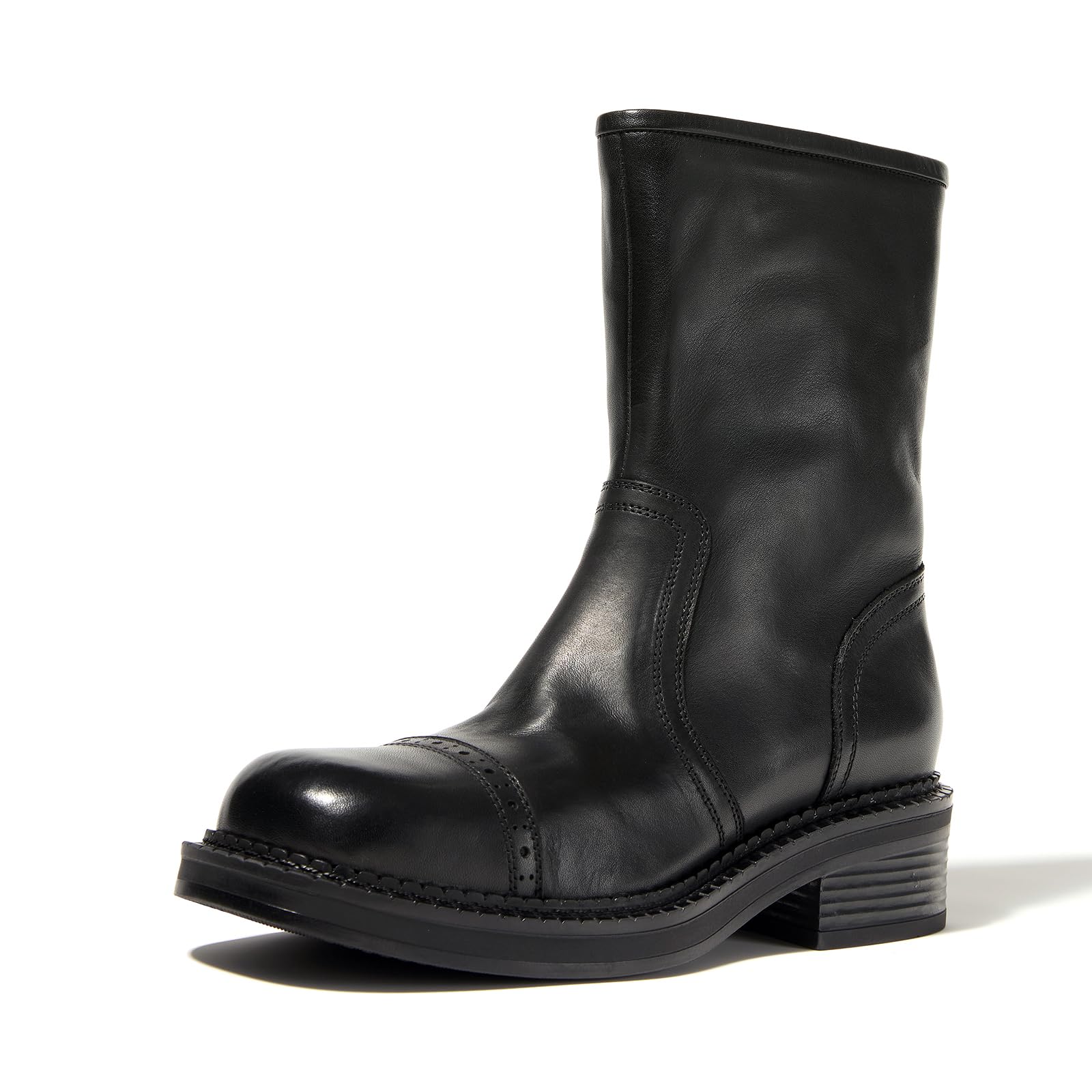 Photo 1 of Women's Mid-Calf Cowboy Boots Western Style Zipper Boots Genuine Leather Chunky Heel Perfect for Skirts and Jeans Black 8