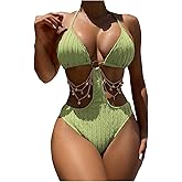 OYOANGLE Women's Ring Linked Cut Out One Piece Swimsuits Textured Tie Backless Halter Bathing Suit Monokini