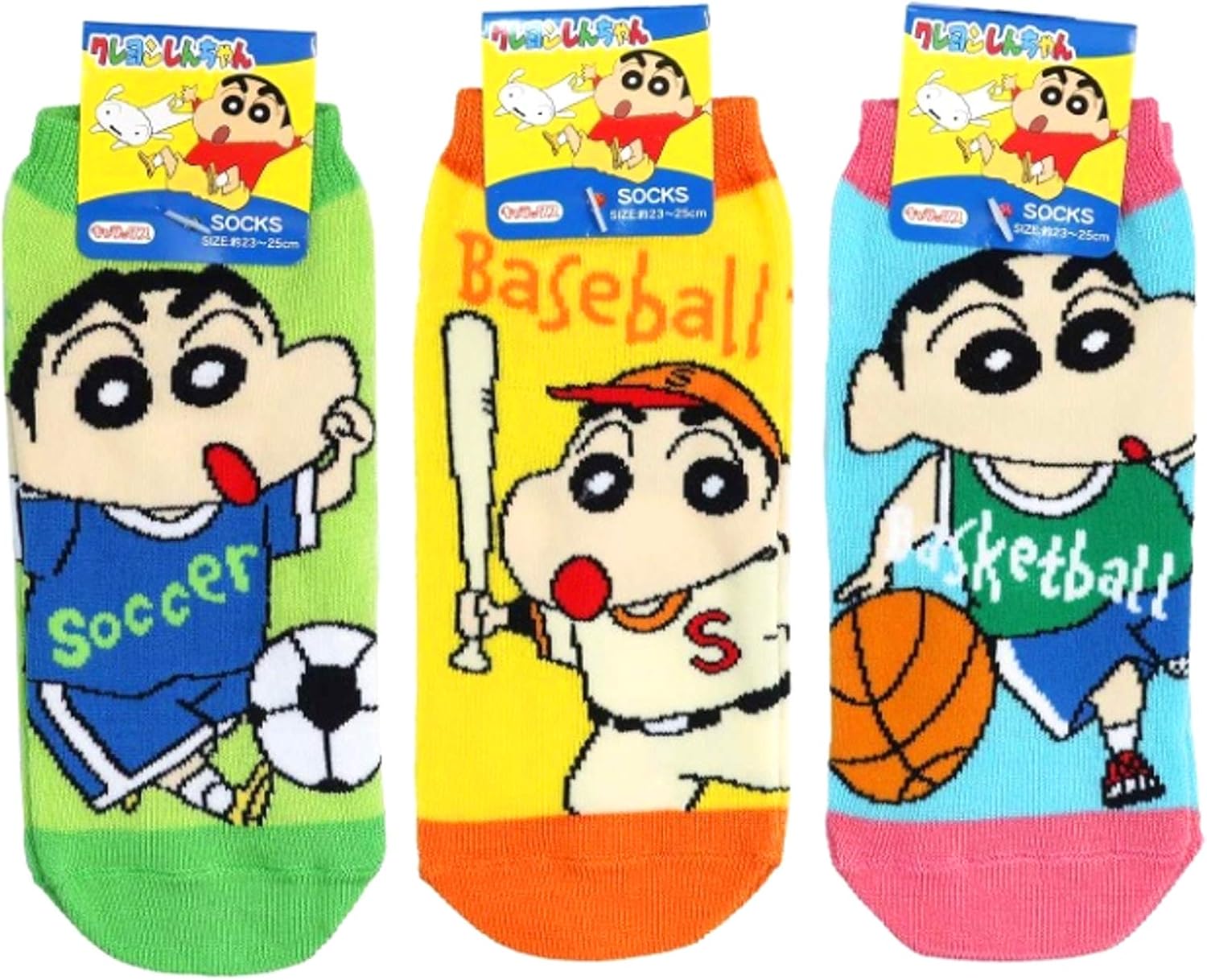 Amazon Co Jp クレヨンしんちゃん レディースソックス ３柄セット サッカー グリーン 野球 イエロー バスケットボール ブルー おもちゃ
