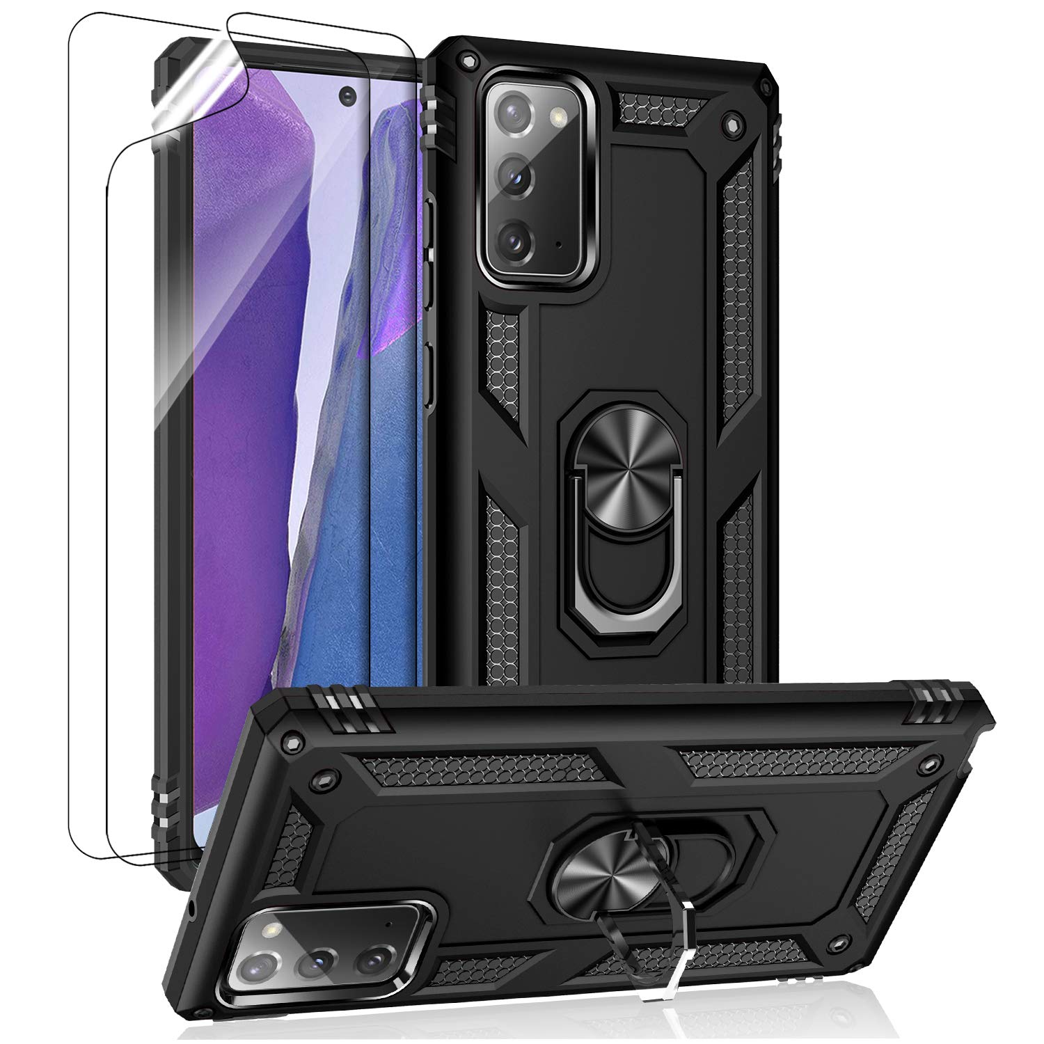 for Samsung Galaxy Note 20 Case, Note20 5G Case with HD Screen Protectors, Androgate Military-Grade Metal Ring Holder Kickstand 15ft Drop Tested Shockproof Cover Case for Galaxy Note 20 Black