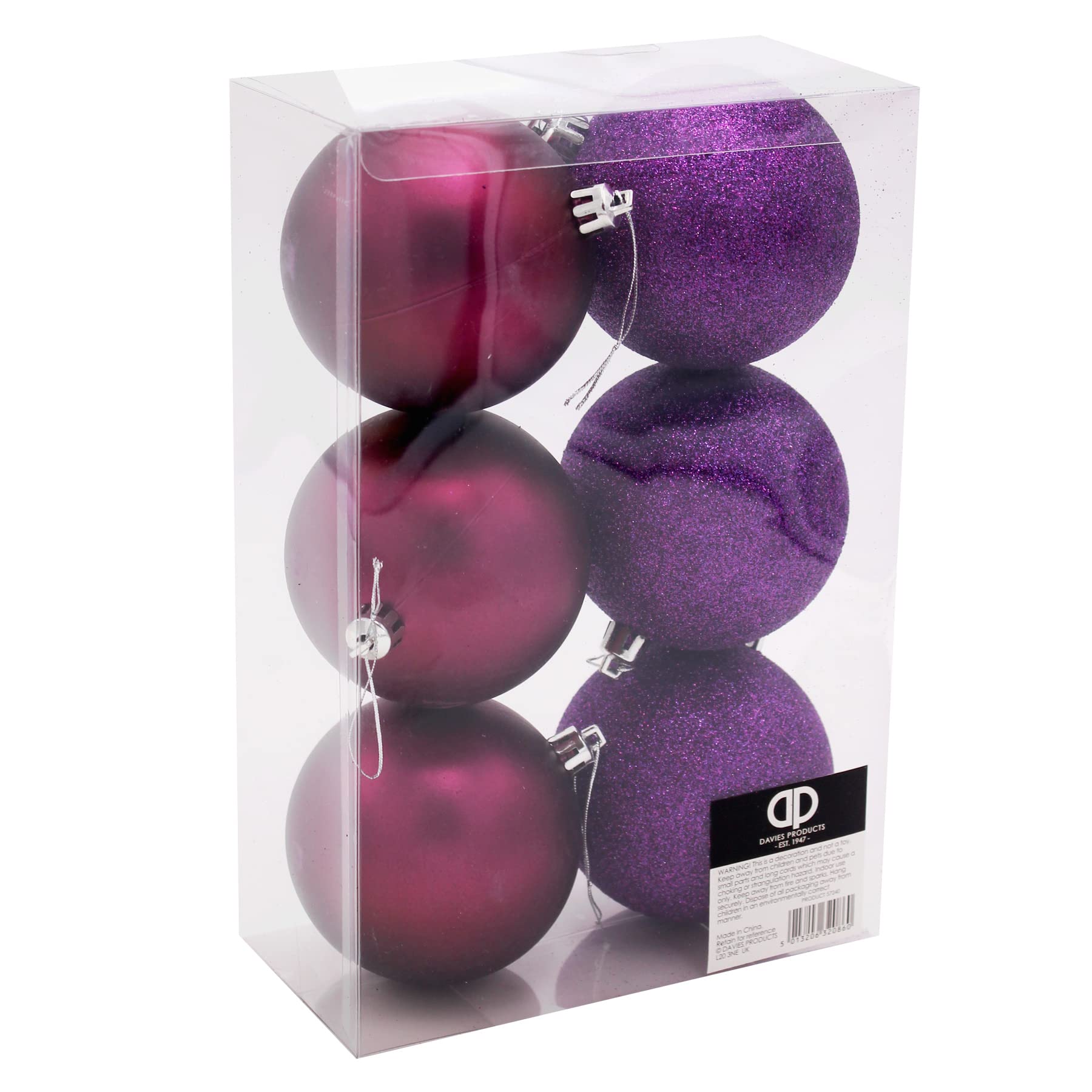 Christmas Decoration 6 Pack 80mm Glitter/Plain Baubles - Purple 0860