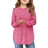 Haloumoning Girls Long Sleeve Shirts Kids Ribbed Knit Curved Hem Tunic Tops Fashion Tees 5-14 Years