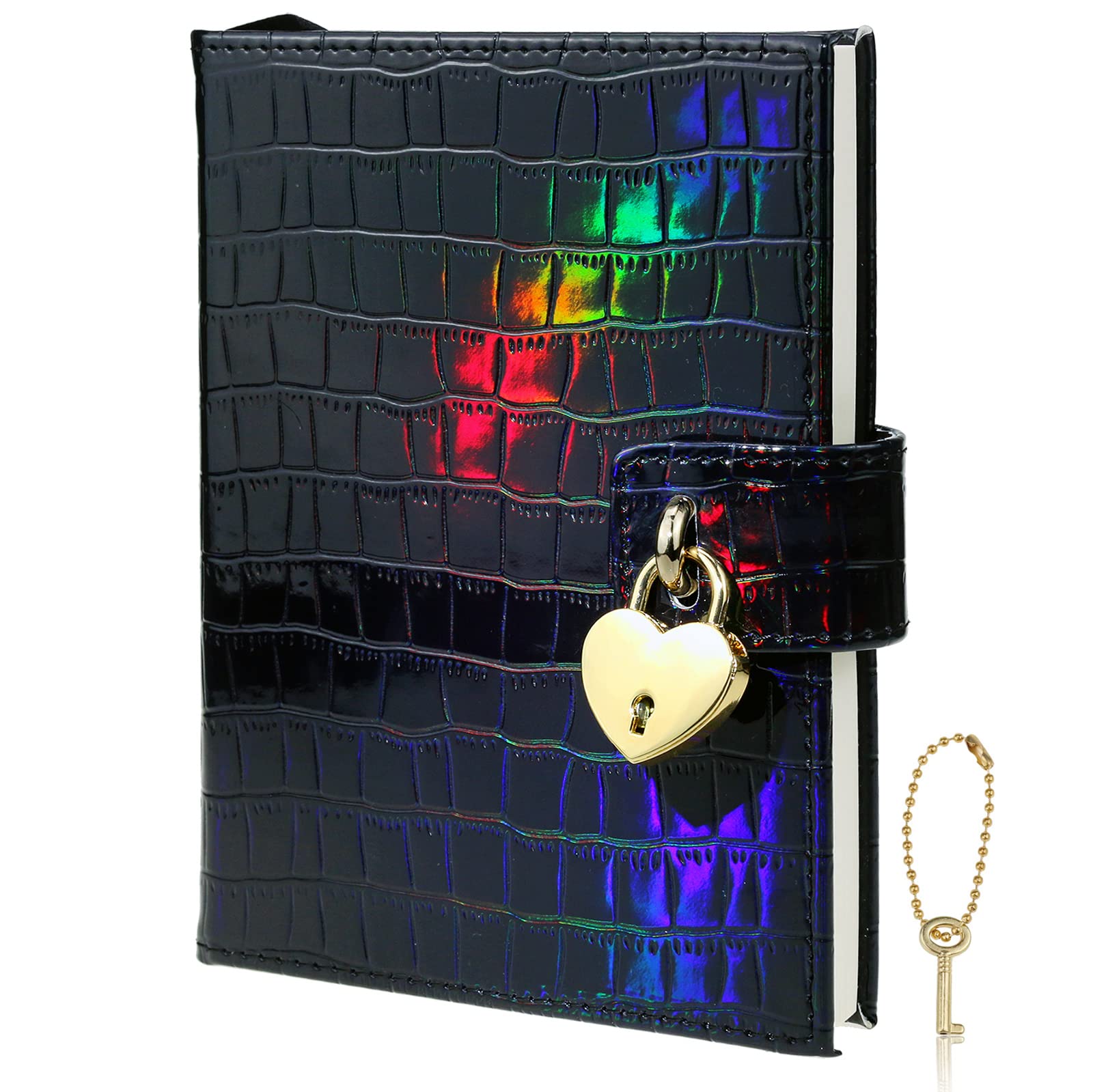 Mazeran Heart Shaped Lock Journal, Laser Rainbow PU Croco Embossed Hard Cover Notebook Travel Diary, B6 Lined Locking with Key Personal Planner Secret Organizers Gift for Girls Women Daughter