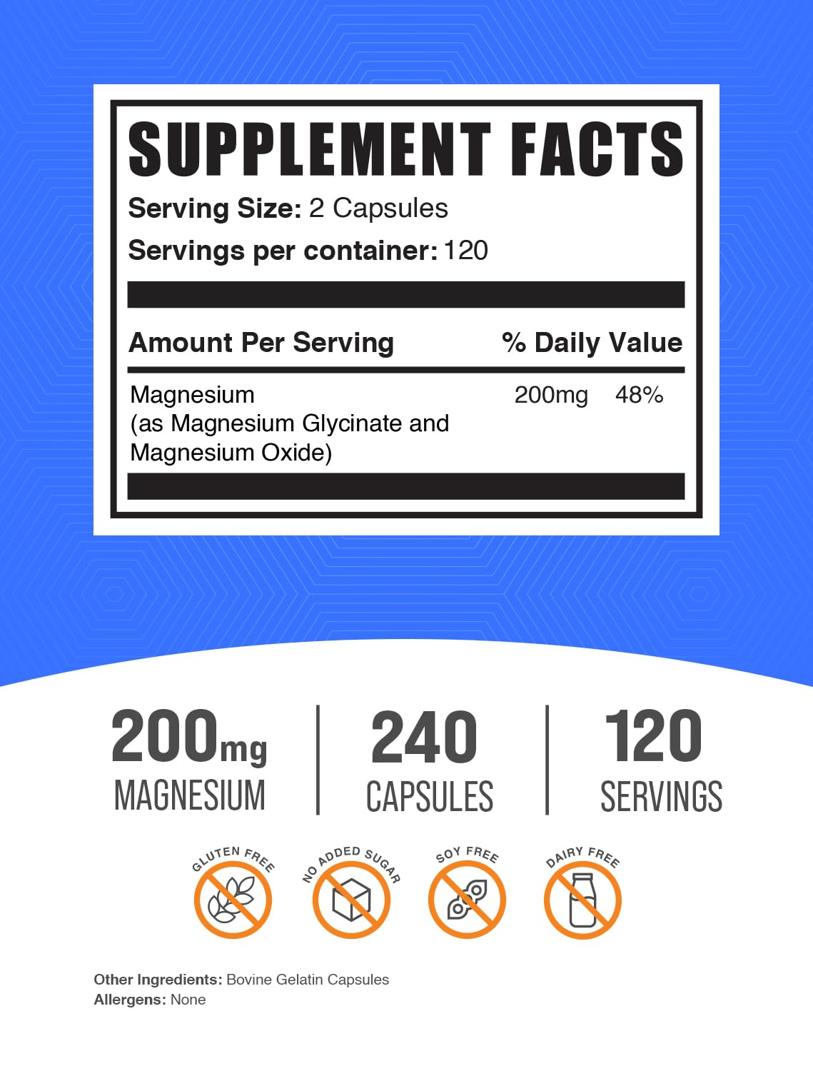 BulkSupplements.com Magnesium Glycinate Capsules - Magnesium Supplement, Magnesium Glycinate 200mg - Gluten Free, 2 Capsules per Serving, 240 Count (Pack of 1)