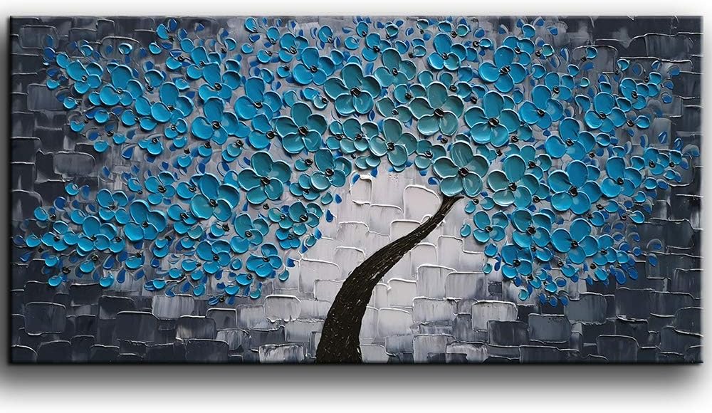 Paintings - YaSheng Art -3D Oil Paintings Blue Flowers Oil Painting on Canvas Texture Abstract Art Pictures Canvas Wall Art Paintings Modern Home Decor Abstract Paintings Ready to Hang 24x48inch