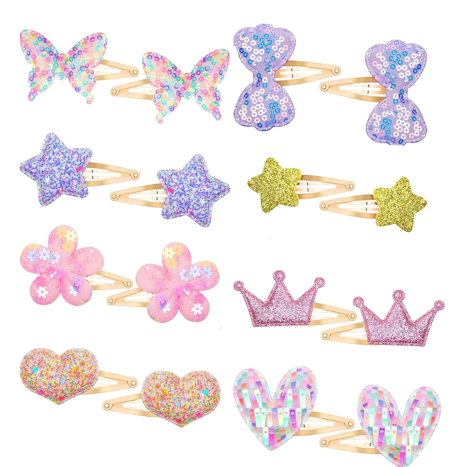 Aikeis 16 Shiny Metal Snap Hair Clips Cute Hair Accessories Hair Clips Suitable for Girls Flower/Star/Crown/Heart/Butterfly Accessories