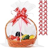 UltraOutlet 50 Packs Large Cellophane Bags 18" x 24" Clear Cellophane Gift Basket Wraps 2.3 Mil Thick Transparent Cello Bags for Fruit Basket, Gift Wrap, Treats, Arts and Crafts, 50ct Ribbon Bows