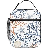 ainori Reusable Nautical Coastal Lunch Box for Kids Girls Boys Women Adult, Insulated Coral and Starfish Lunch Bag,Polyester Cooler Ocean Handbags Case for School Picnic Work Travel Beach or Hiking