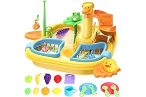 ITEFDTUTNE Play Sink with Running Water, 2 in 1 Kitchen Sink Toys Pool Floating Fishing Game with Automatic Water Cycle System, Cutting Food, Water Toys for Toddlers, Kids Role Play Dishwasher Toy