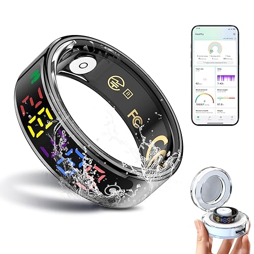 Smart Ring for Women Men, Health Ring with Colorful Display, Fitness Tracker with Heart Rate, Blood Oxygen, Sleep Monitor, No Subscription Fee, 5ATM Waterproof for iPhone & Android (Black, 10)
