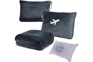Nenolix 3 in 1 Travel Blanket Pillow Set - 350 GSM Thick Travel Blanket Airplane Compact with Bag, Soft Bag with a Pocket, Inflatable Travel Pillow for Camping & Car Trip (Dark Grey)