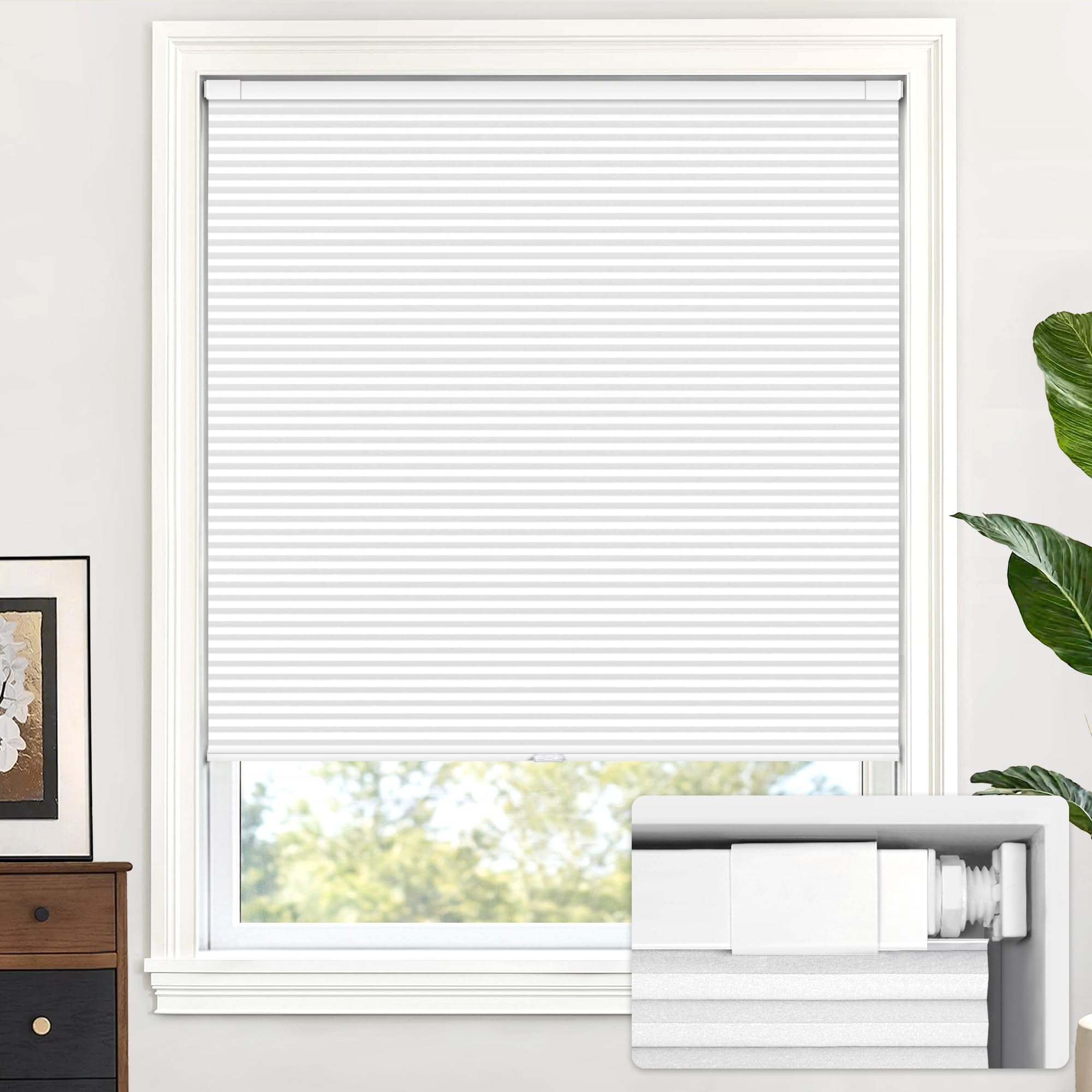 LazBlinds Cordless Cellular Shades, No Tools No Drill Blackout Honeycomb Shades Pleated Blinds for Windows, 34 1/2" W x 64" H, Silver White Image